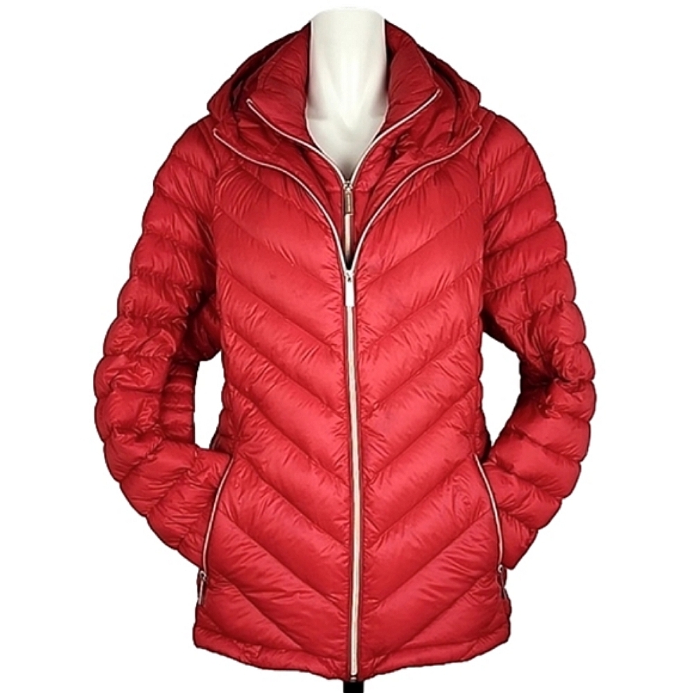 Michael Kors Packable Down Puffer Jacket Red Chevron Hooded Lightweight Plus 1X